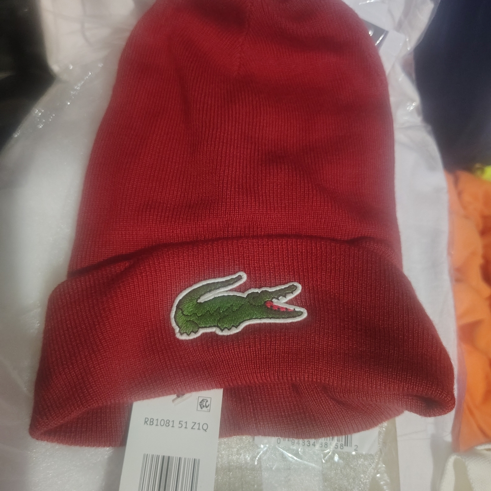 Lacoste Mens Red Beanie with Crocodile Emblem